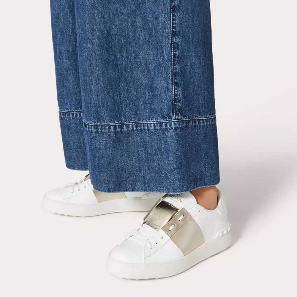 Valentino Garavani White Open Sneaker with Metallic Stripe and Studs Size 39.5